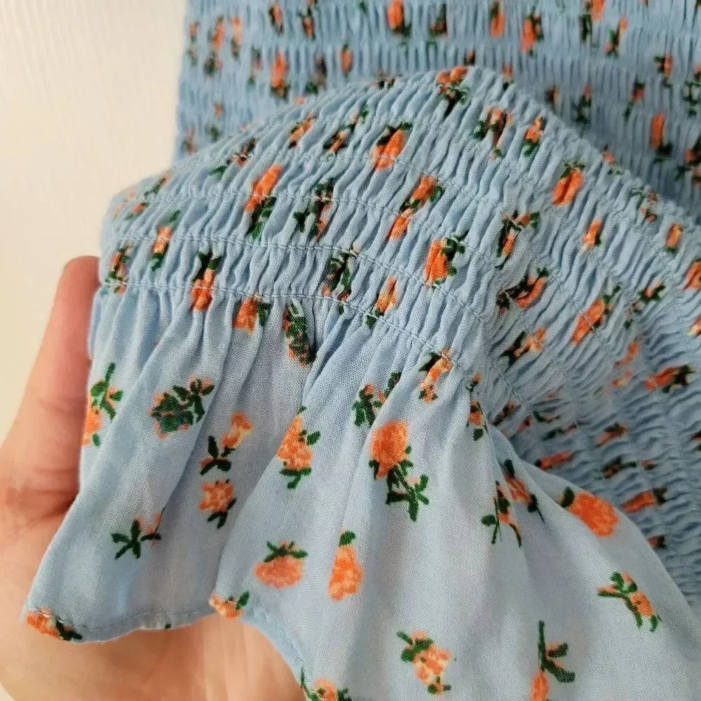 NWOT Free People bella smocked printed slip dress in sky blue